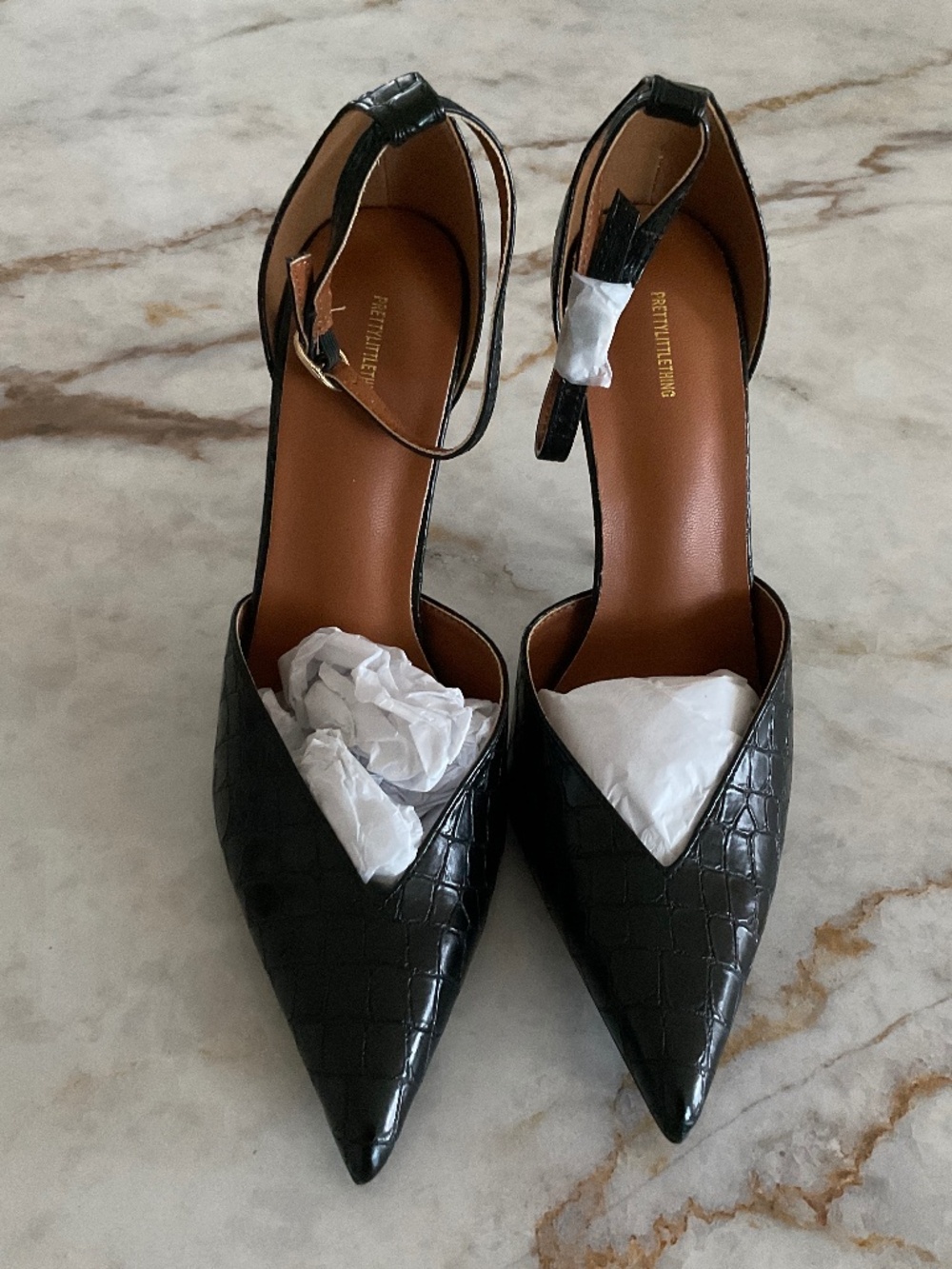 Women shoes, high heel, crocodile texture, black